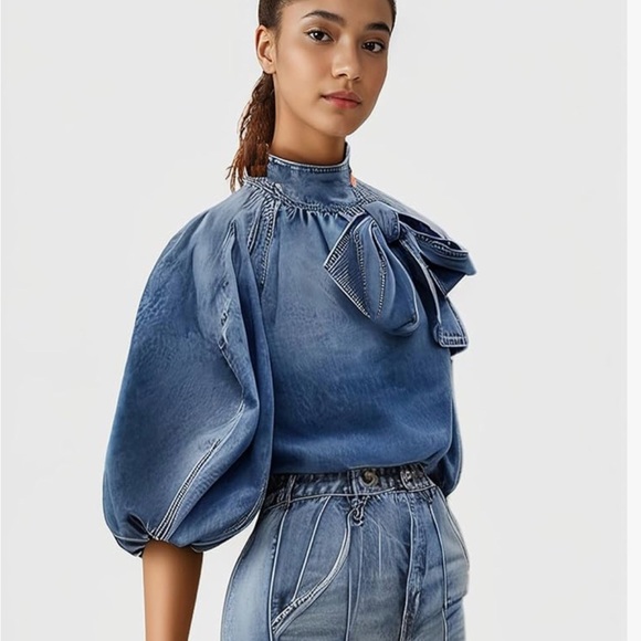 STYLEWE Light Blue Bow Design Denim Pullover Top NWT size S - Picture 3 of 8